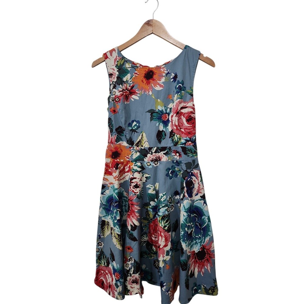 ARANEE Womens Dress Size LARGE Blue Fit Flare Floral Sleeveless Back Tie Zip